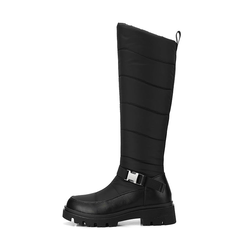 Nivrelle Black quilted knee-high winter boots with ankle buckle and lug sole