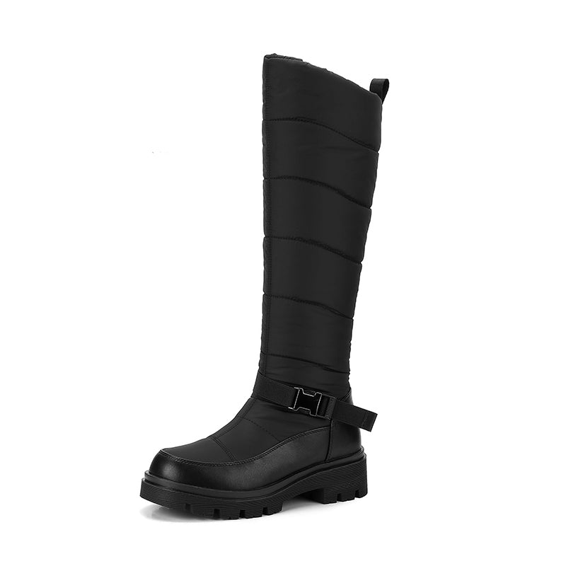 Nivrelle Black quilted knee-high winter boots with ankle buckle and lug sole