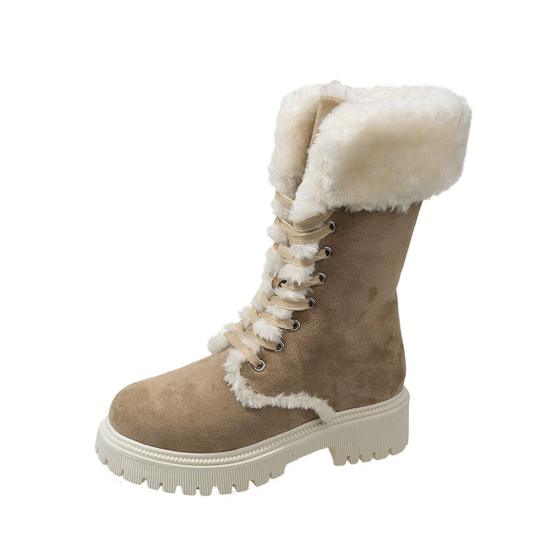 Bootara Winter New Women's Velvet Mid-Tube Cotton Boots with Thickened Lining and Height-Enhancing Design