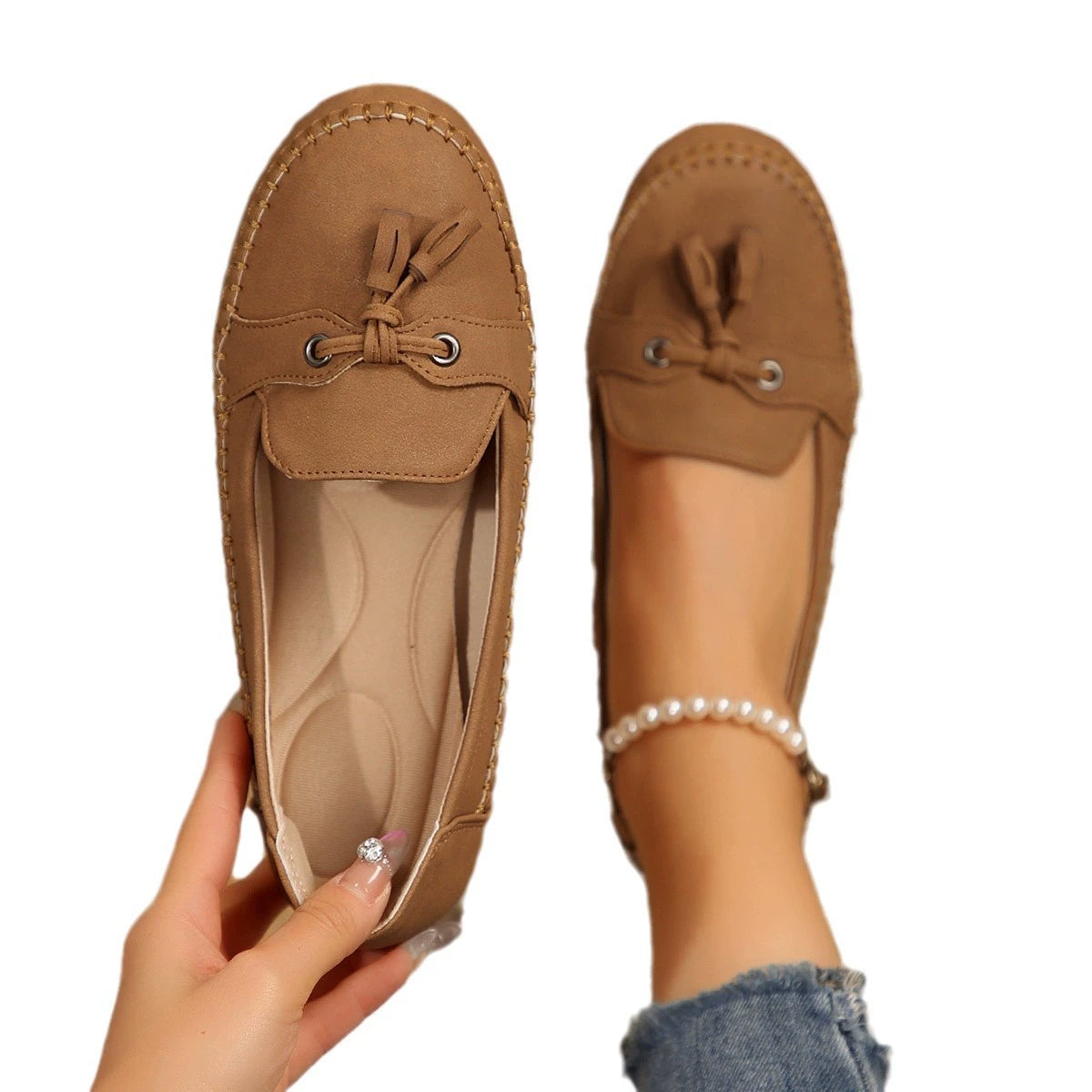Bootara Women's Casual Blue Moccasin Loafers – Soft Suede Slip-On Flats with Tassel Bow Detail, Comfortable Driving Shoes for Everyday Wear
