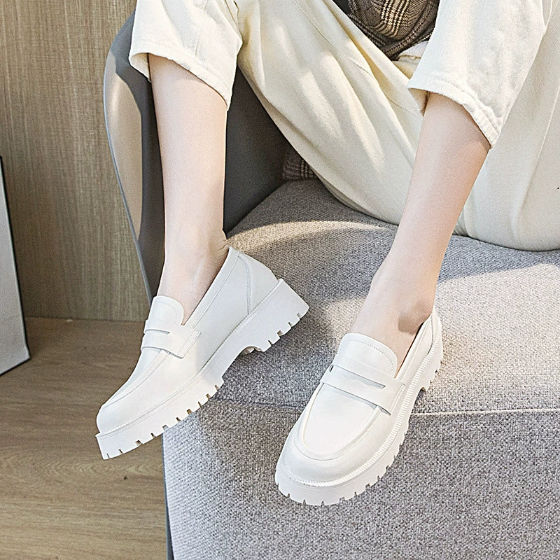 Bootara Women's Slip On Platform Loafers Thick Sole Height Boosting Trendy and Versatile College Style Casual White Sneakers