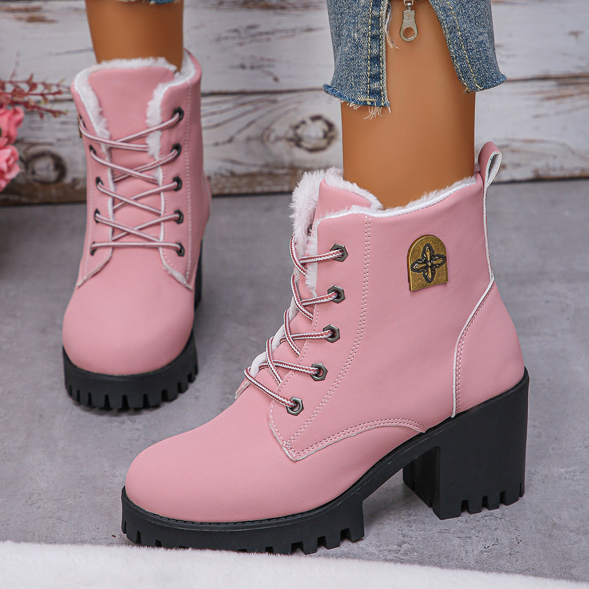 Bootara Women's Alpine Luxe Combat Boot - Chunky Sole Mid-Heel Weatherproof Ankle Boots with Faux Fur Lining & Classic Lace-Up Design (US 4-10)