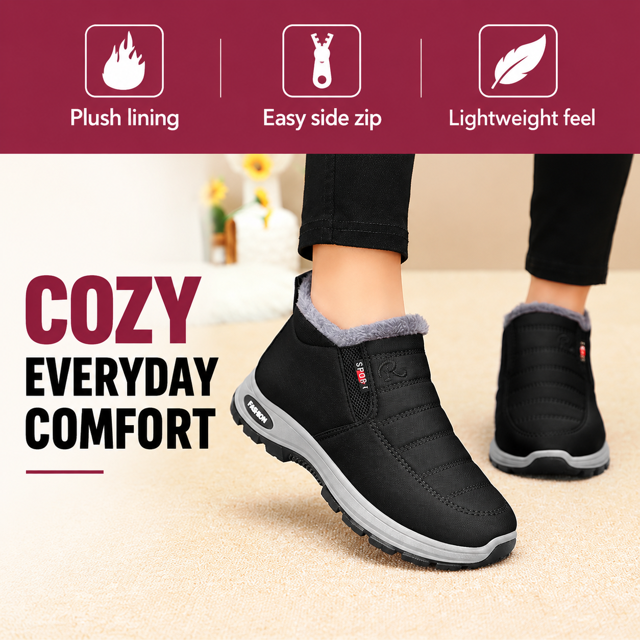 Bootara Lunwick Black plush-lined winter ankle boots, view 5