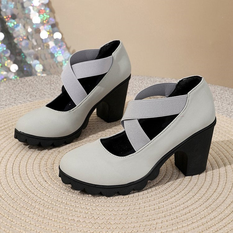 Bootara Marlow Mary Jane shoes in smooth gray with crossed elastic straps and chunky block heels