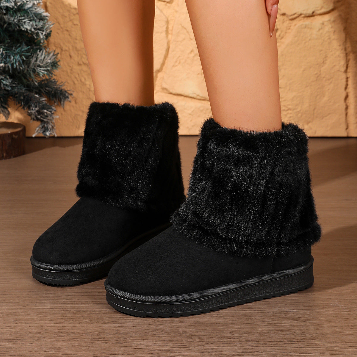 Bootara Tundelle Black faux fur cuff platform boots, lifestyle view 7