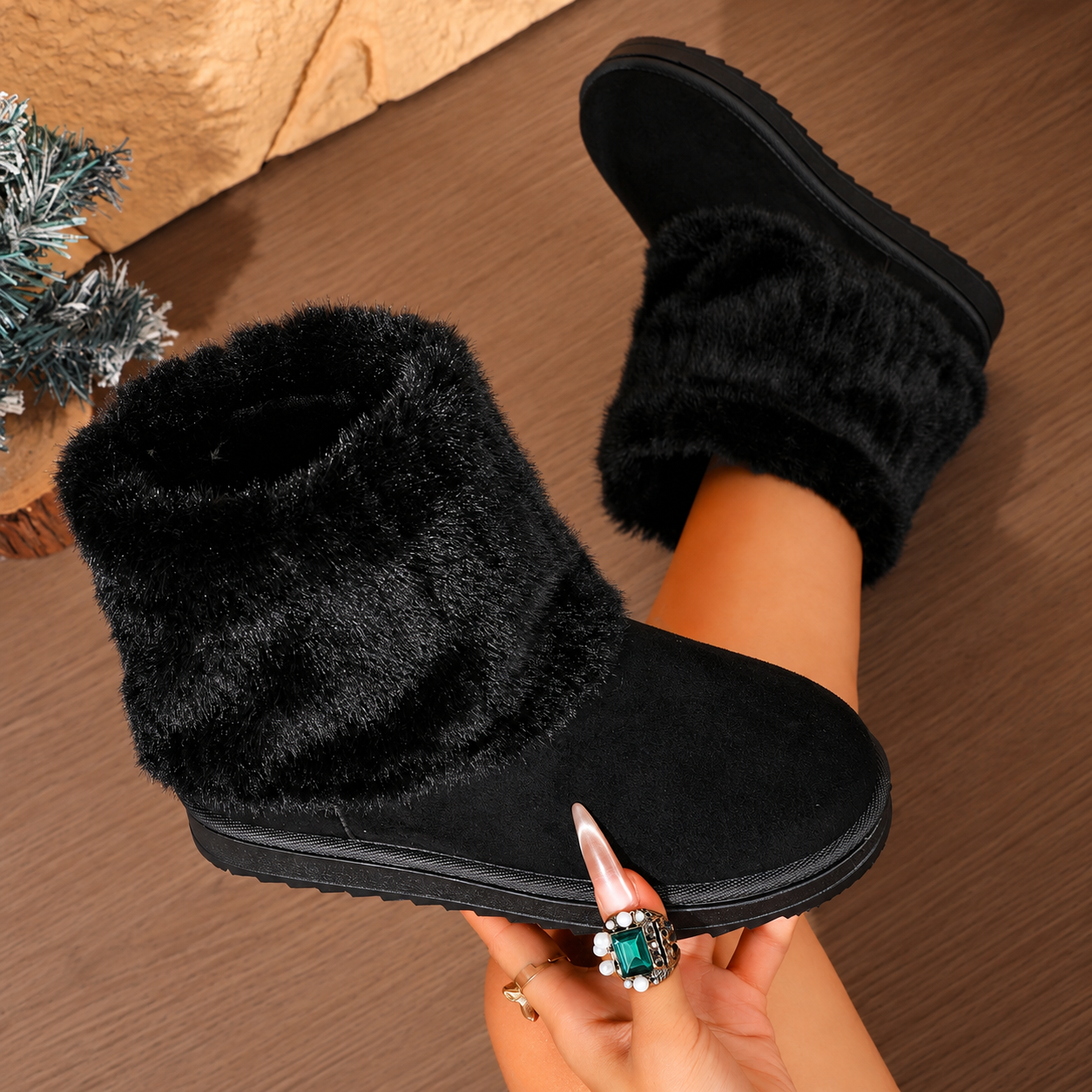 Bootara Tundelle Black faux fur cuff platform boots, lifestyle view 9