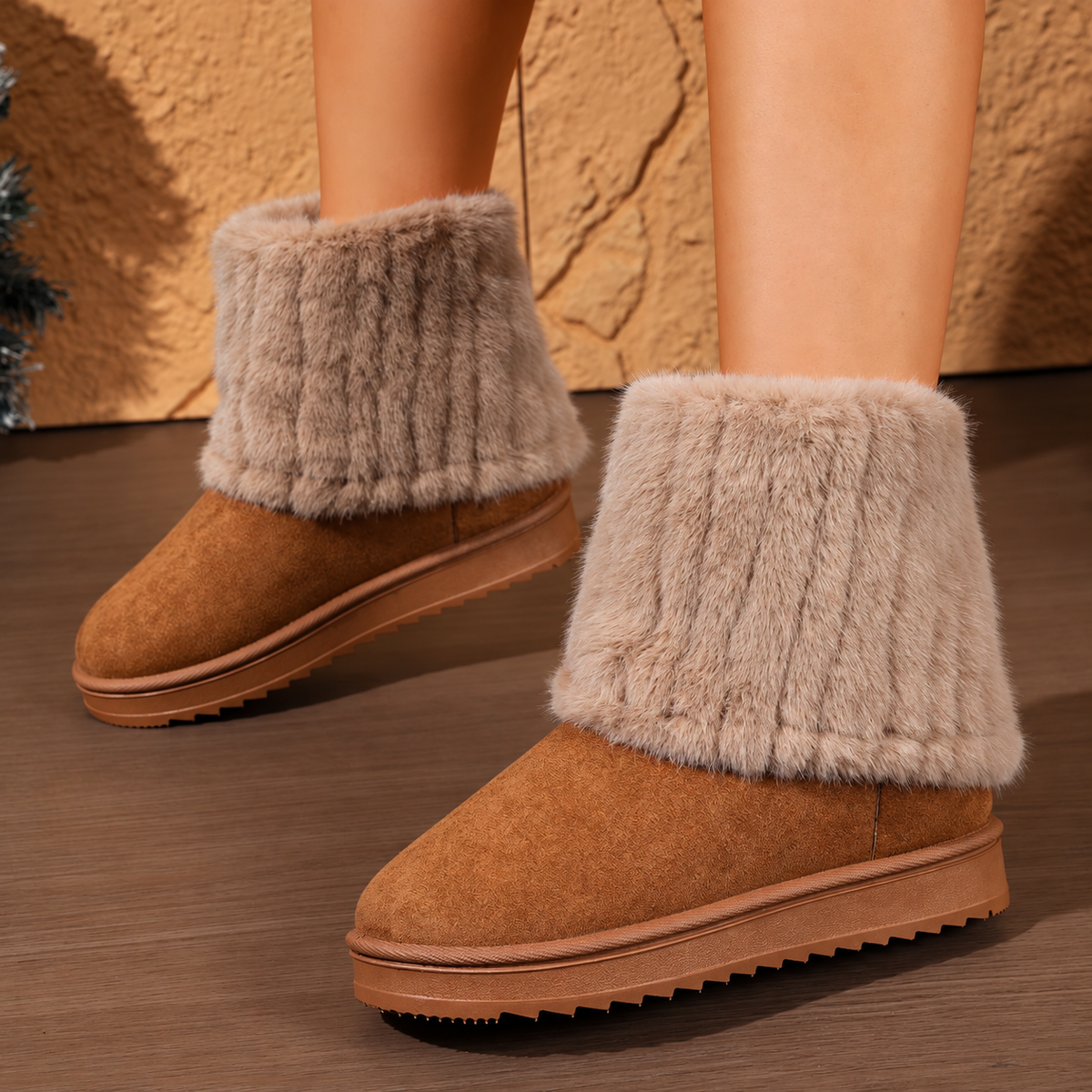 Bootara Tundelle Brown faux fur cuff platform boots, lifestyle view 3