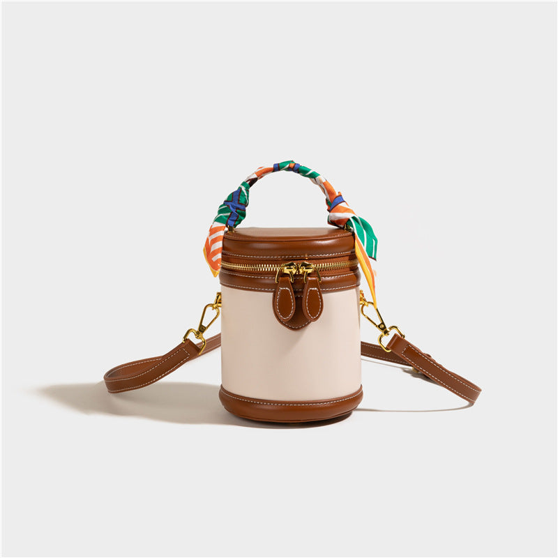 Bootara Women's Retro Color-Block Barrel Bag – Mini Cylinder Cosmetic Case with Detachable Silk Scarf & Chain Strap