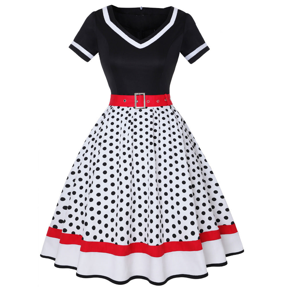 Bootara Women’s Hepburn Vintage Polka Dot Cotton Dress – 50s V-Neck Swing Midi Dress (S–4XL)