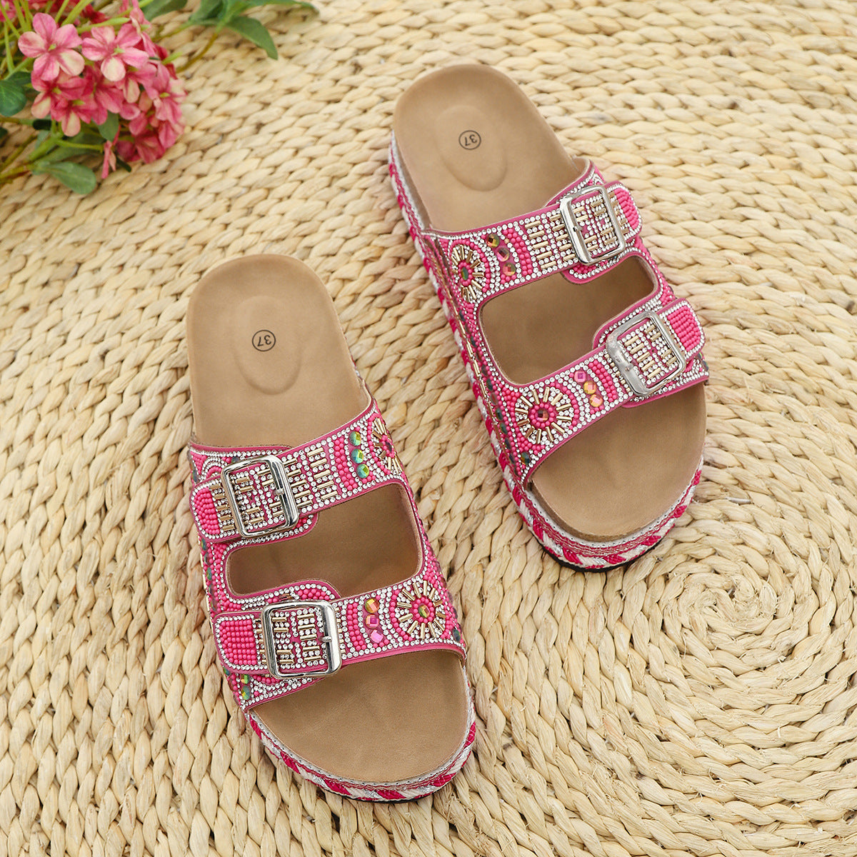 Bootara Women’s Calyra Rhinestone Platform Slide Sandals – Boho Metallic Buckle Rope Detail Resort Slides (US 5–10.5)